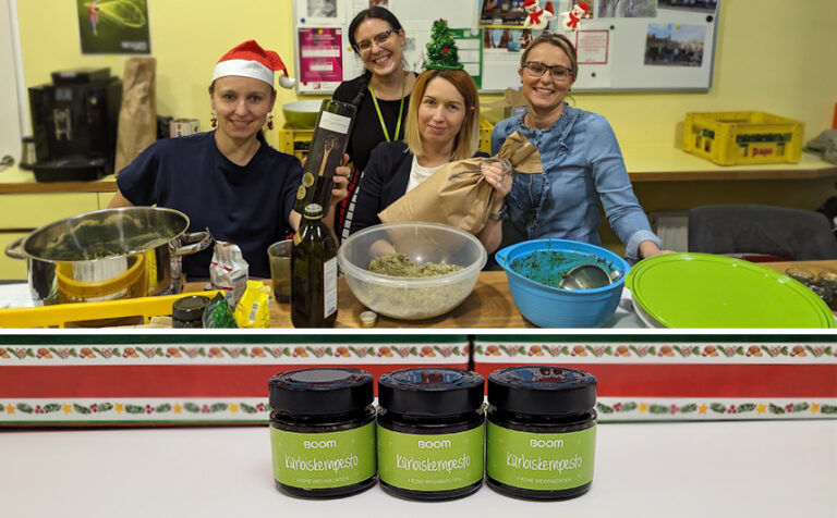 The Boom Christmas elves making the pesto